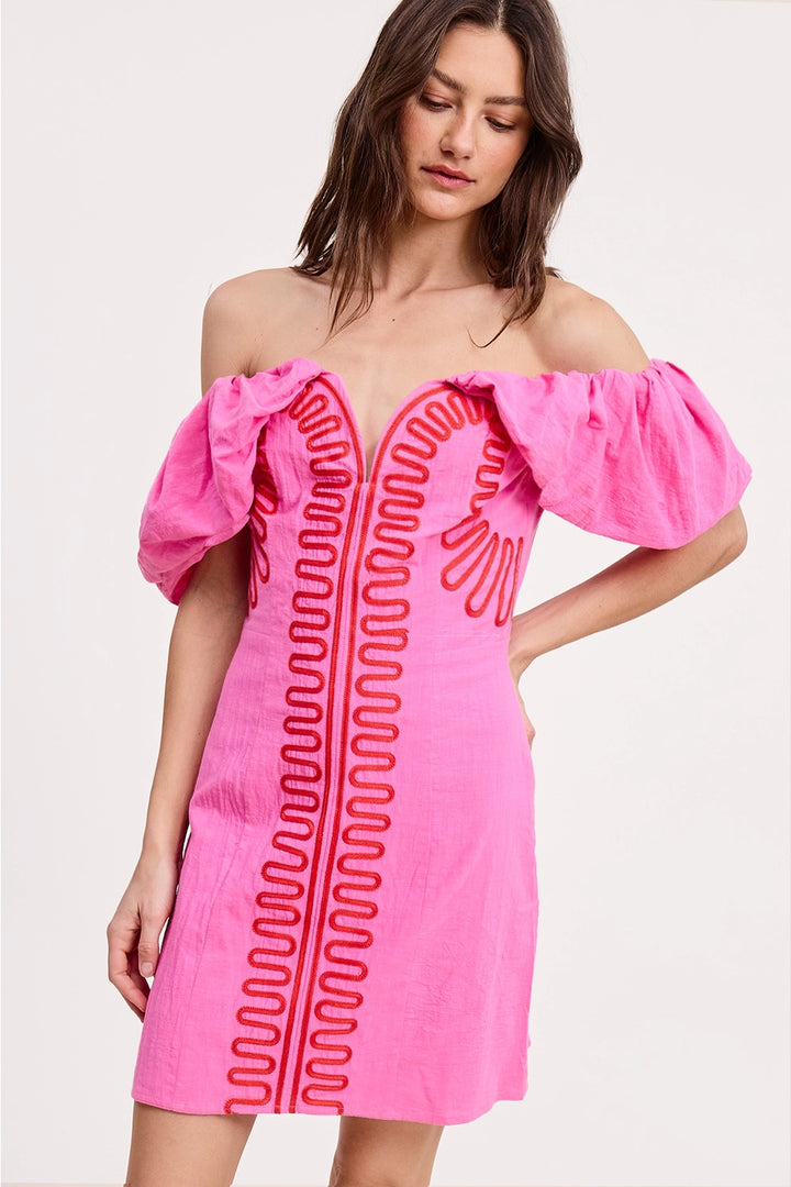 EMBROIDERY DETAIL OFF SHOULDER LINEN MINI DRESS