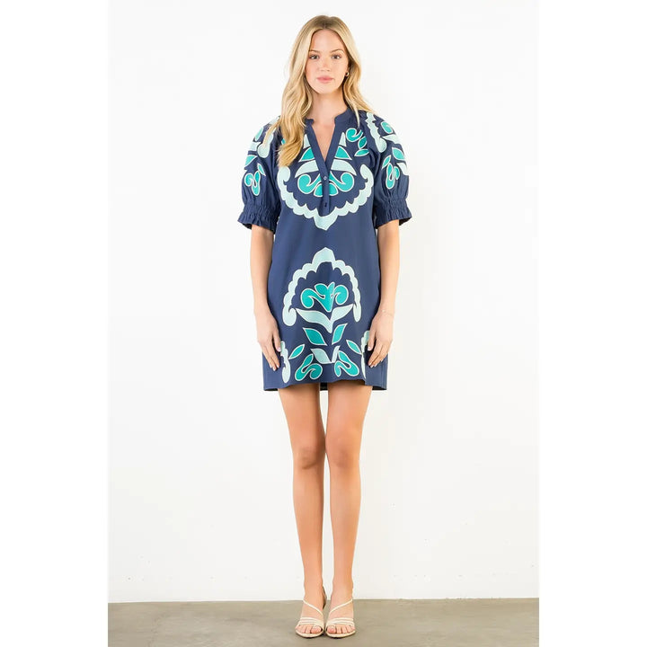 PUFF SLEEVE EMBROIDERY DETAIL V NECK DRESS