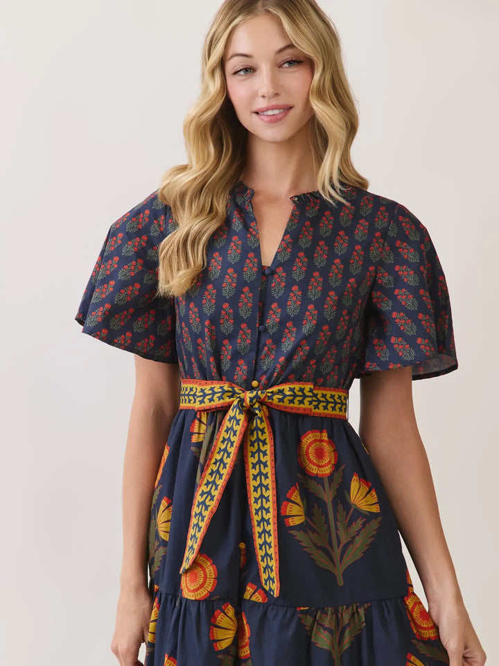 FLORAL PRINT TIERED MIDI DRESS WITH WAIST TIE