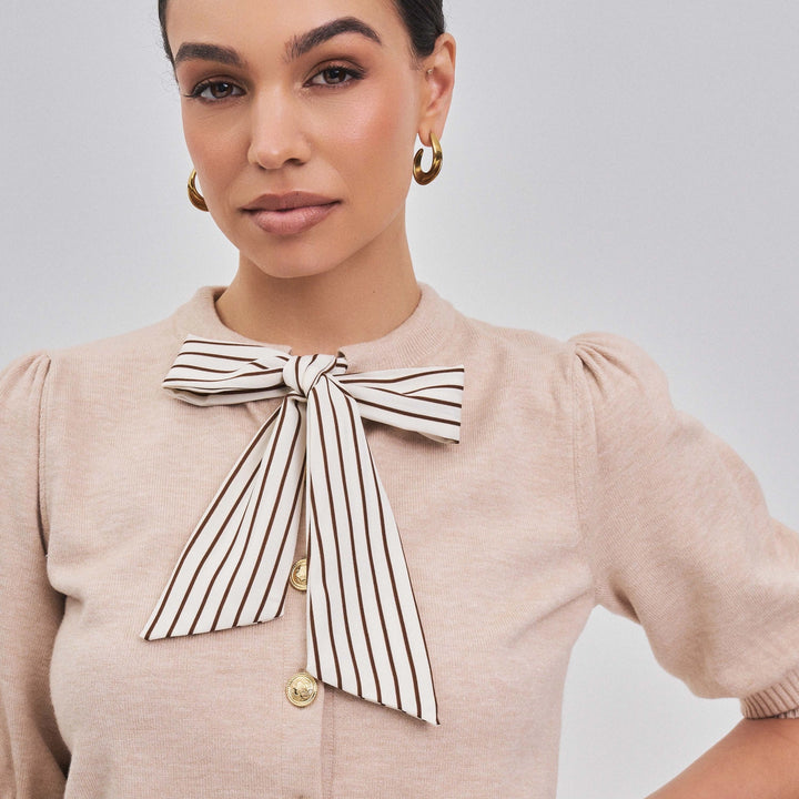 SATIN STRIPE BOW DETAILED SWEATER CARDIGAN