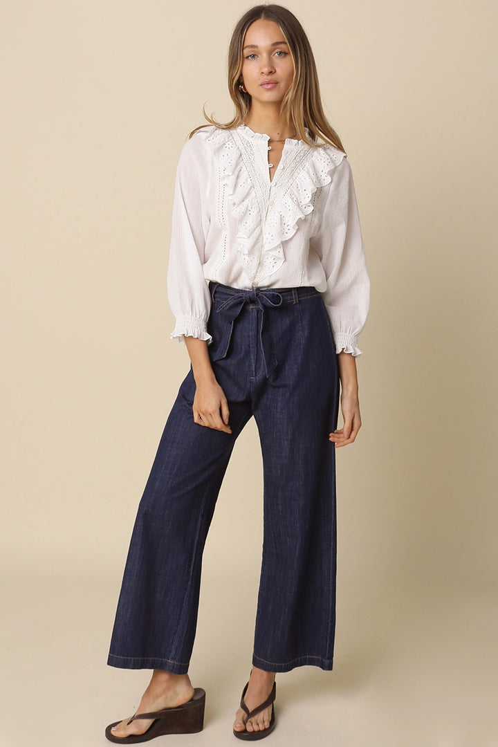 SELENA DENIM TIE-WAIST PANTS