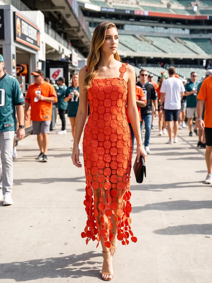 3D LACE FRINGE HEM BODYCON MIDI DRESS