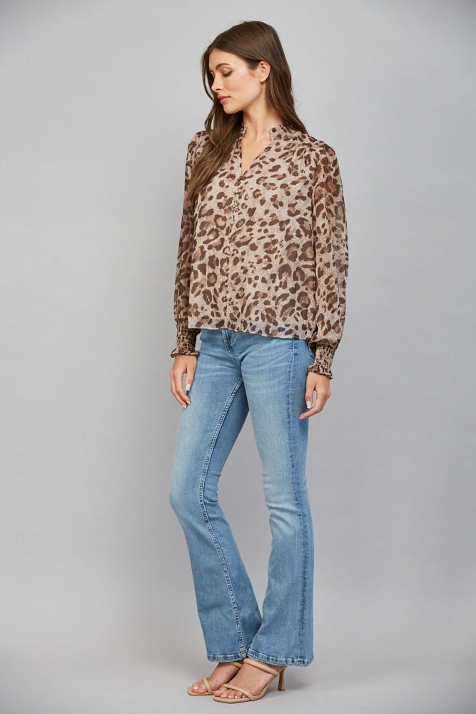 ANIMAL PRINT CHIFFON WITH LUREX SPLIT NECK BLOUSE
