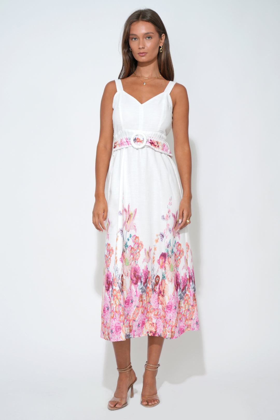 REMI V-NECK FLORAL PLACEMENT MIDI DRESS REMI V-NECK FLORAL PLACEMENT MIDI DRESS