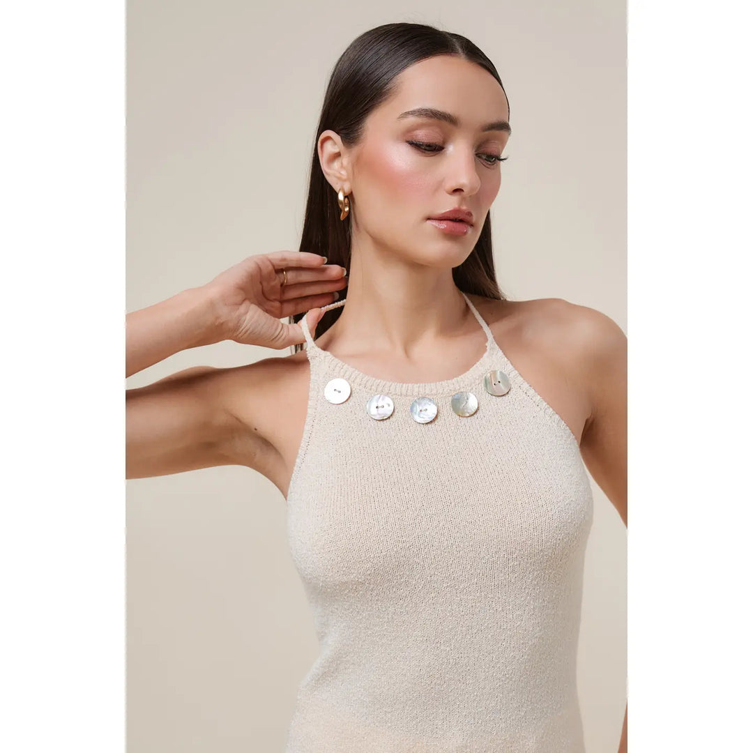 SHELL BUTTON DETAILED SWEATER HALTER NECK TOP