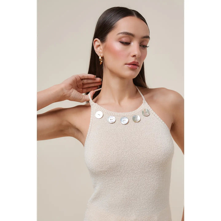 SHELL BUTTON DETAILED SWEATER HALTER NECK TOP