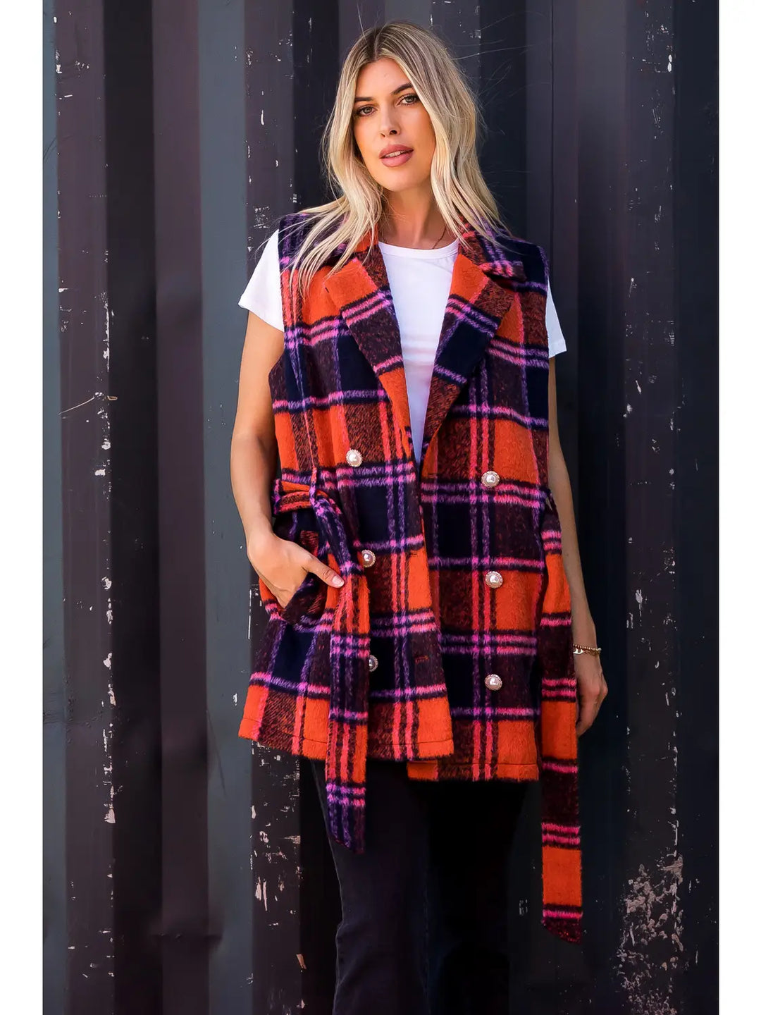 BRUSHED PLAID DOUBLE BREASTED VEST