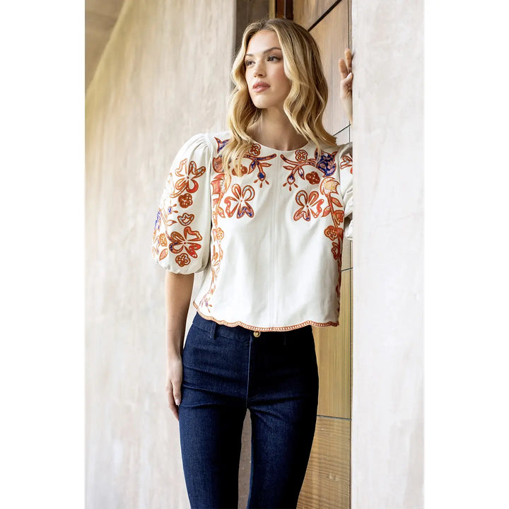 FLORAL EMBROIDERED PUFF SLEEVE TOP
