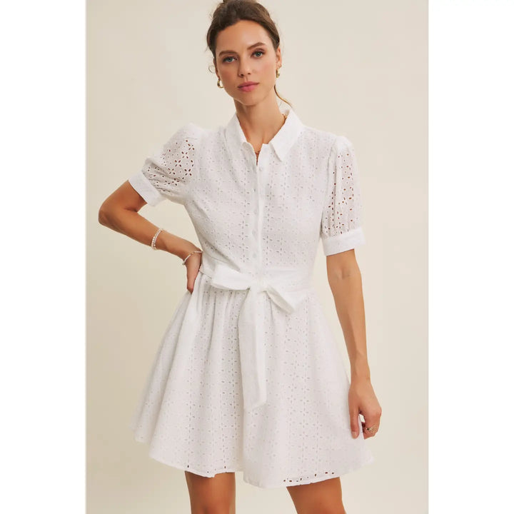 COTTON EYELET BUTTON-DOWN MINI DRESS