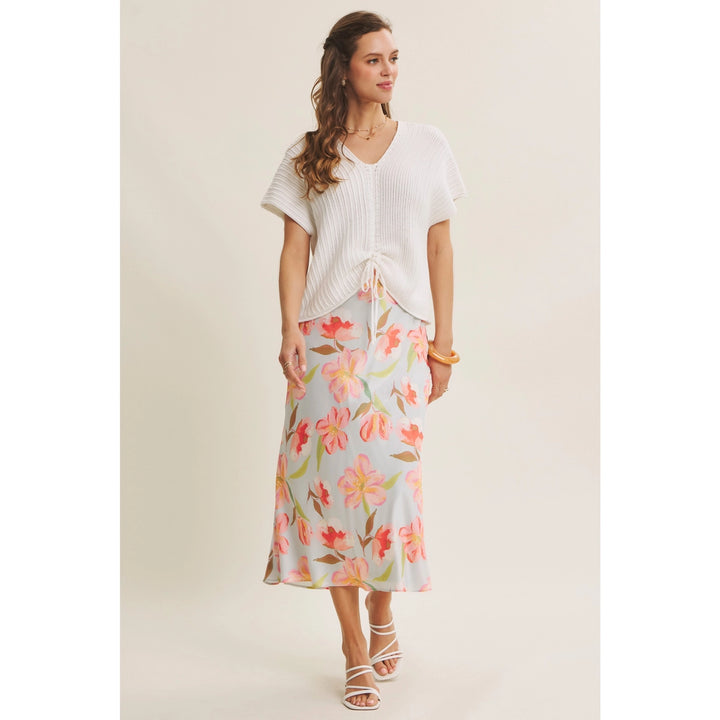 FLATTERING MOVEMENT FLORAL SATIN BIAS MIDI SKIRT
