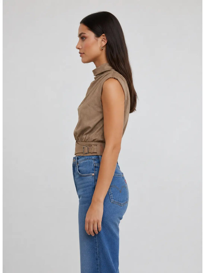 HIGH NECK SLEEVELESS TOP WITH BANDED WAIST