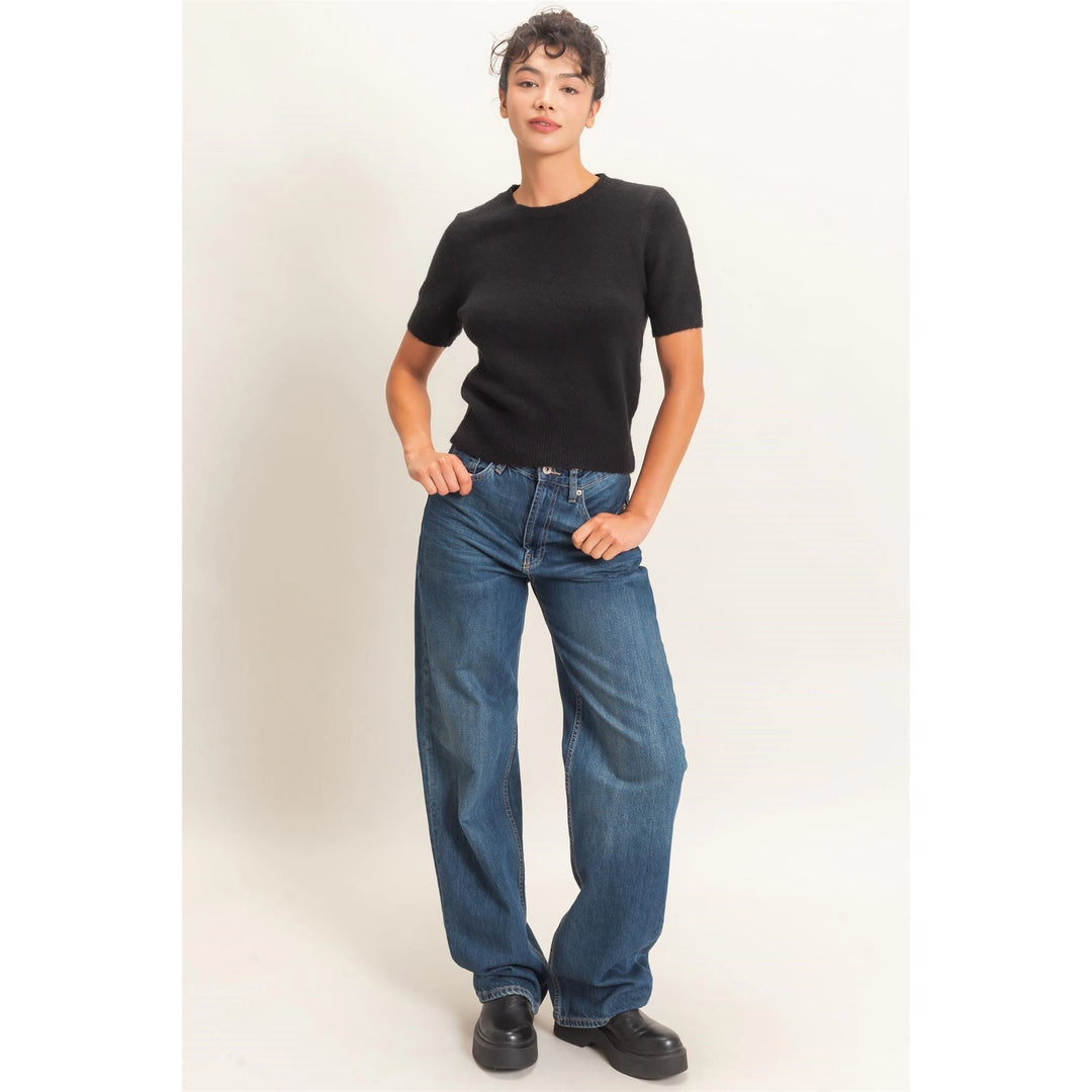 CREW NECK SHORT SLEEVE KNIT TOP