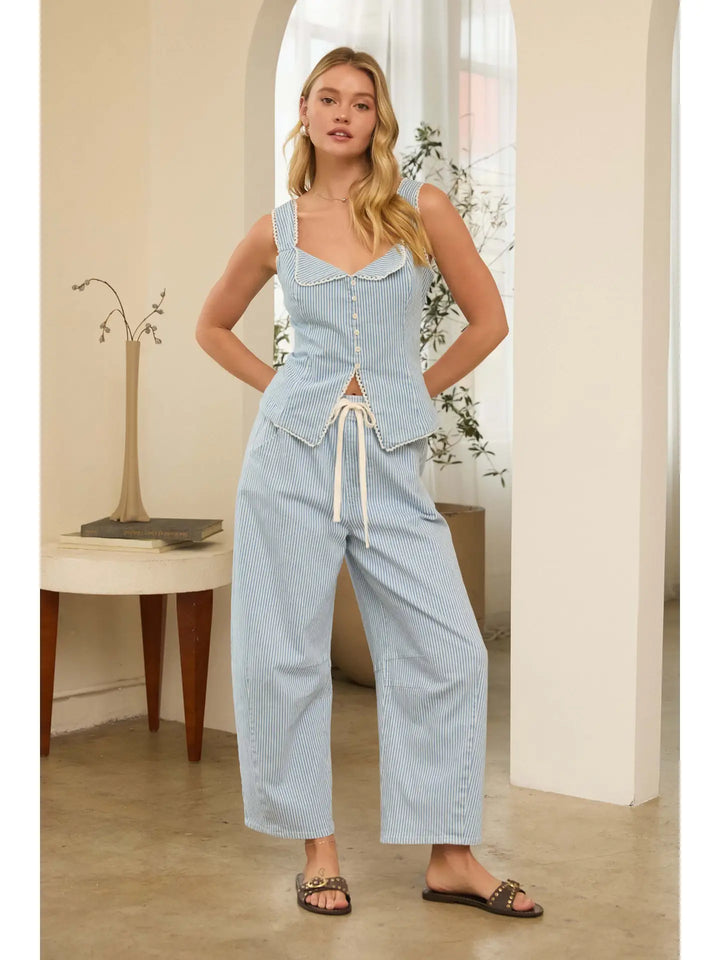 STRIPED LACE-TRIM BUTTON FRONT TOP