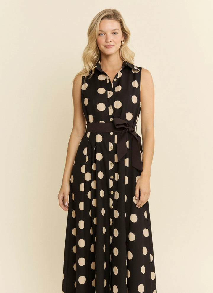 POLKA DOT BUTTON DOWN BELTED SLEEVELESS SHIRT DRESS
