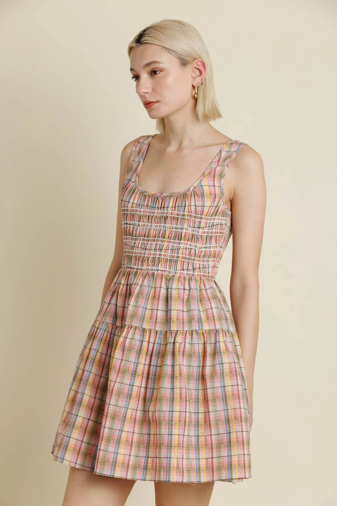 SMOCKED PLAID MINI DRESS