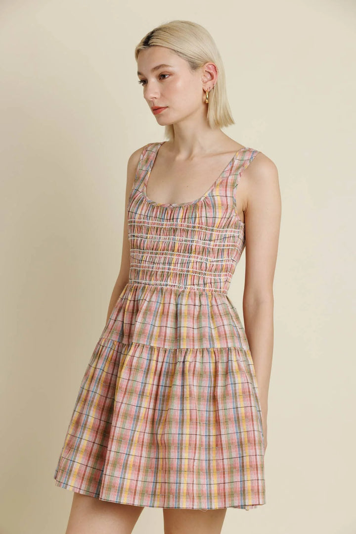 SMOCKED PLAID MINI DRESS
