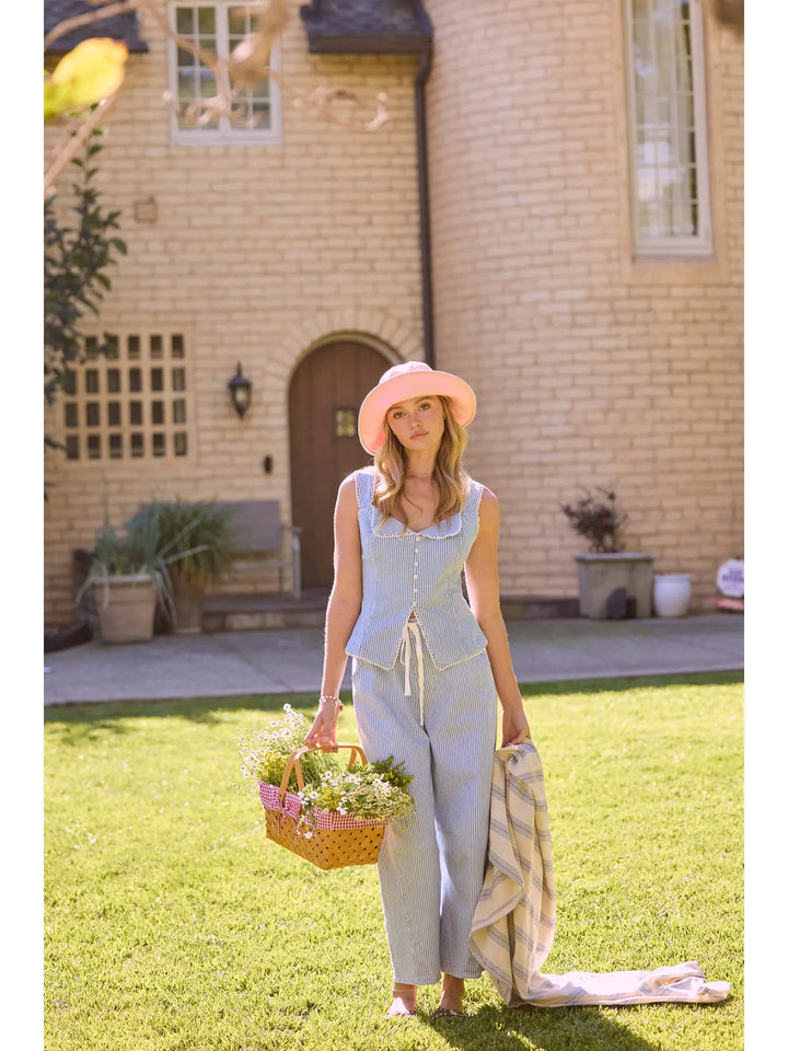 STRIPED LACE-TRIM BUTTON FRONT TOP