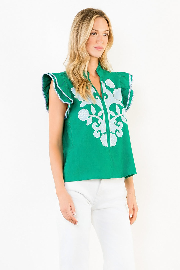 EMBROIDERED TOP WITH RUFFLED STRIPE SLEEVES