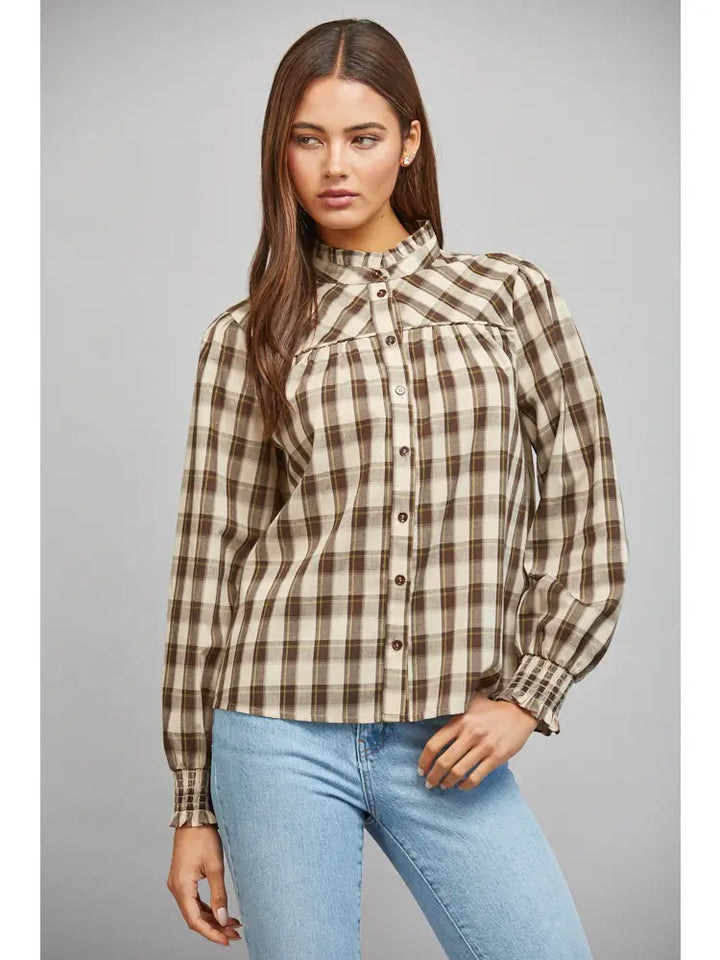 PLAID RUFFLED HIGH COLLAR BUTTON DOWN BLOUSE