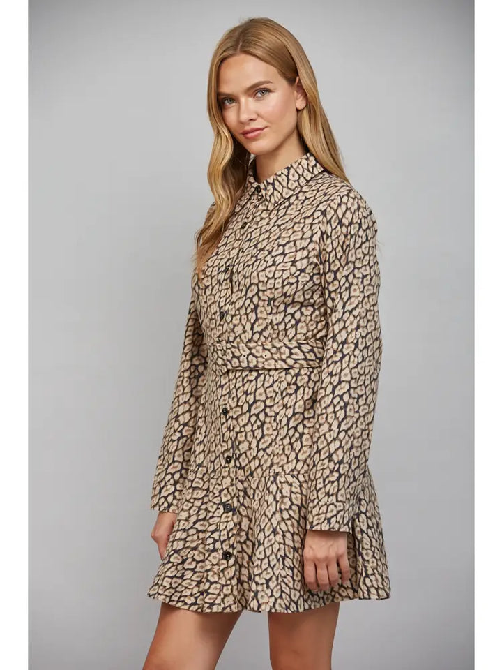 ANIMAL PRINT BELTED SHIRT DRESS