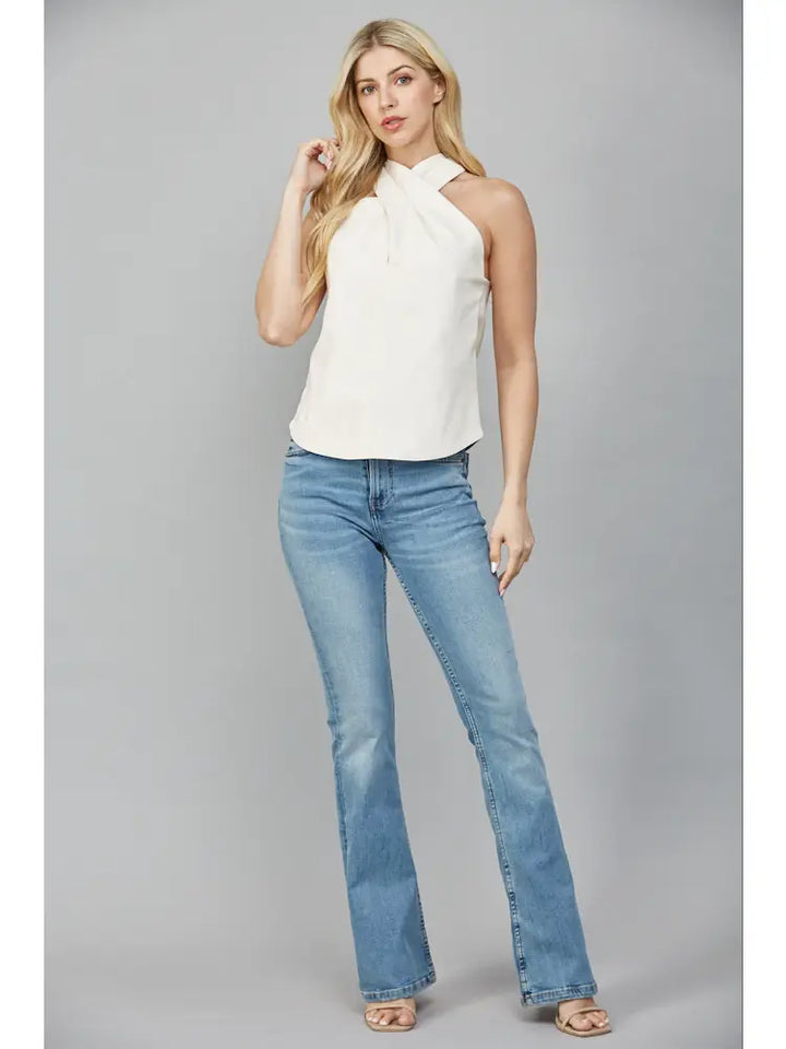 FAUX LEATHER CRISSCROSS NECKLINE SLEEVELESS TOP