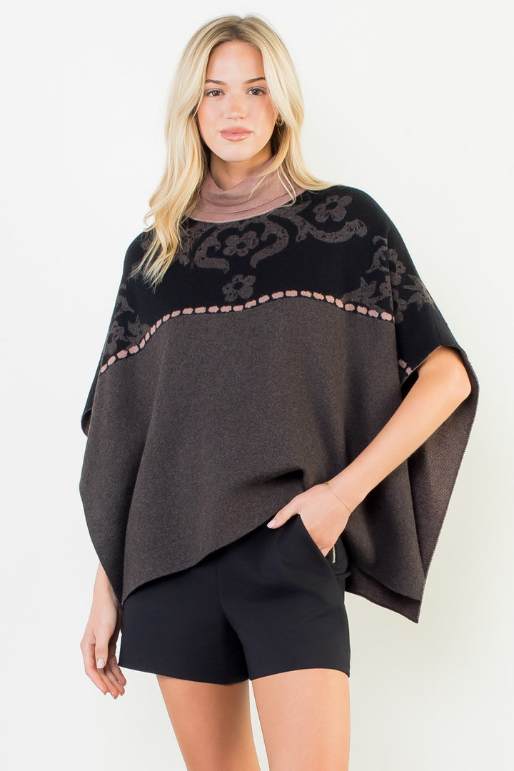 JACQUARD FLORAL KNIT PONCHO