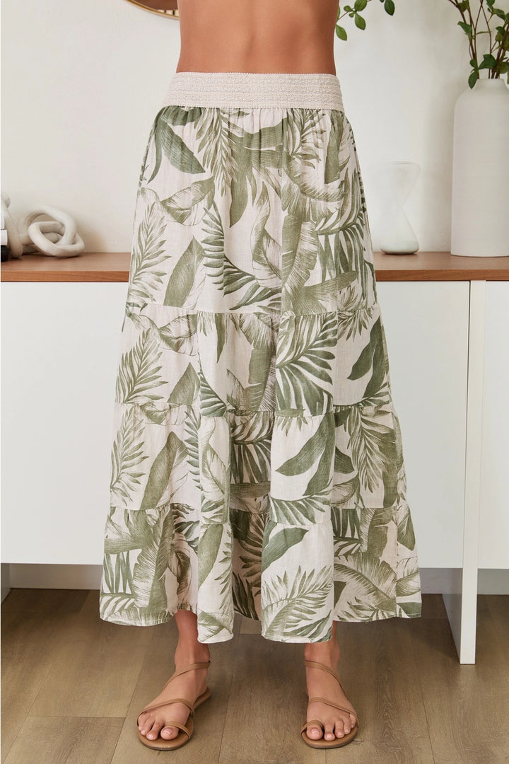 HAWAIIAN PRINT TIERED LINEN MAXI SKIRT
