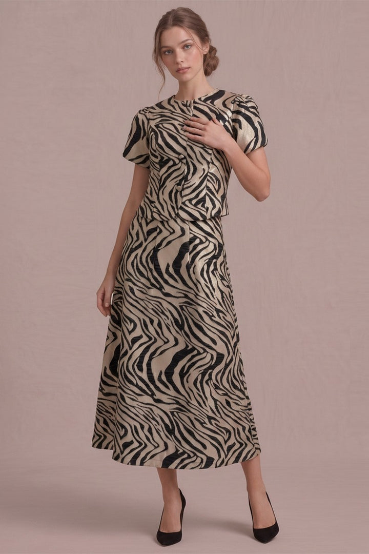 METALLIC TIGER JACQUARD PLEATED MIDI SKIRT