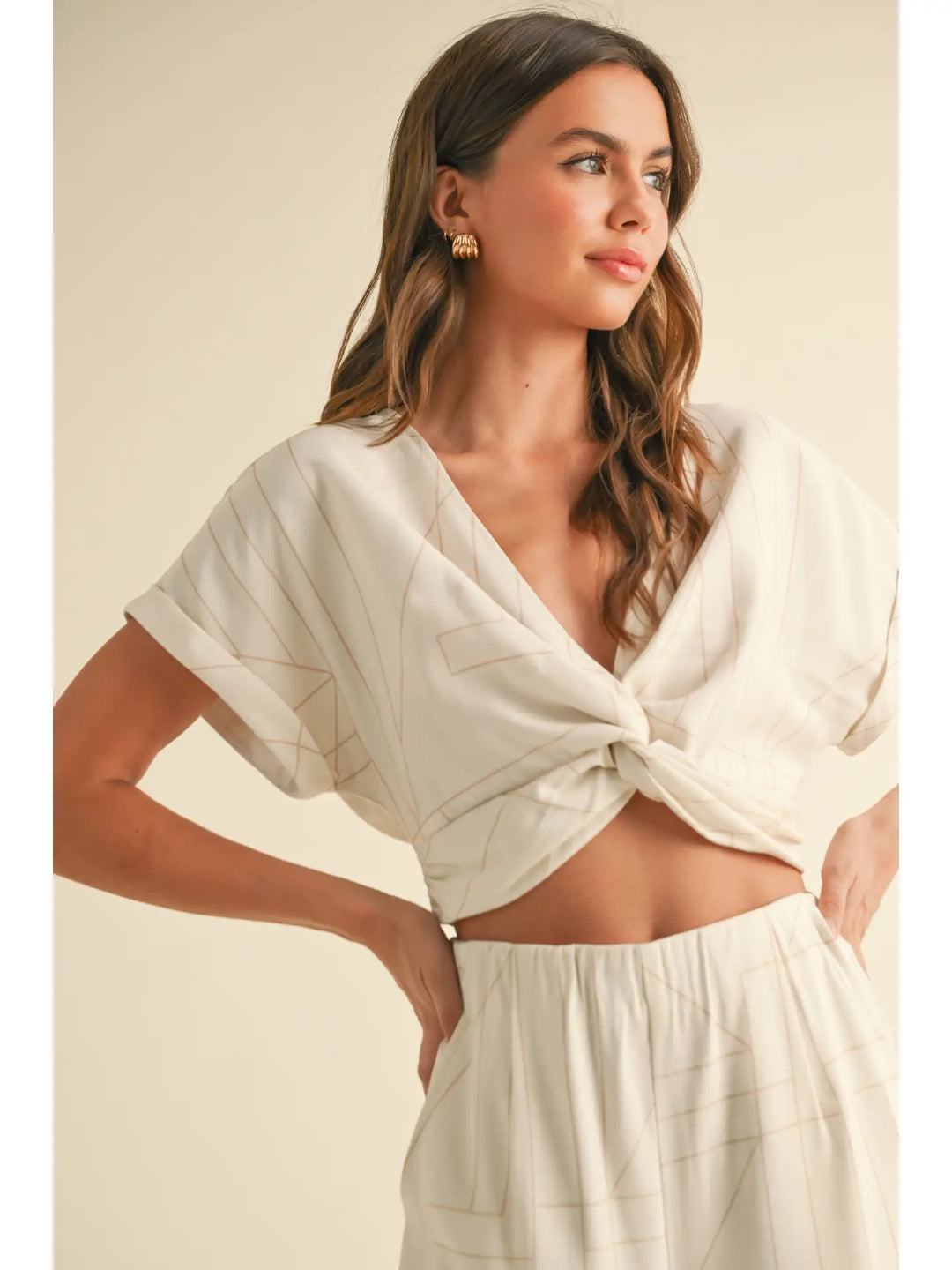 MULTI GRID PATTERN KNT FRONT TOP & WIDE LEG PANTS SET