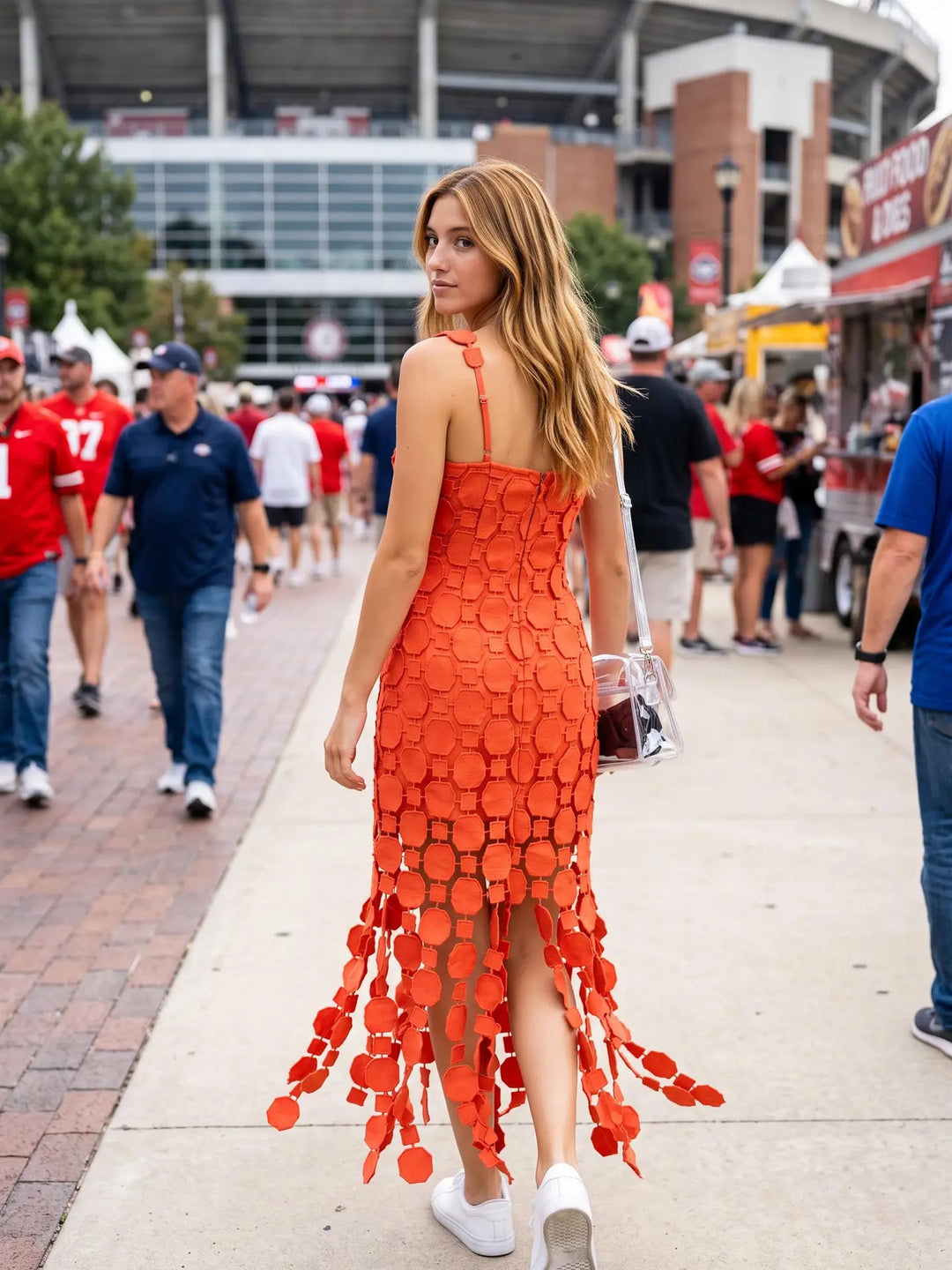 3D LACE FRINGE HEM BODYCON MIDI DRESS