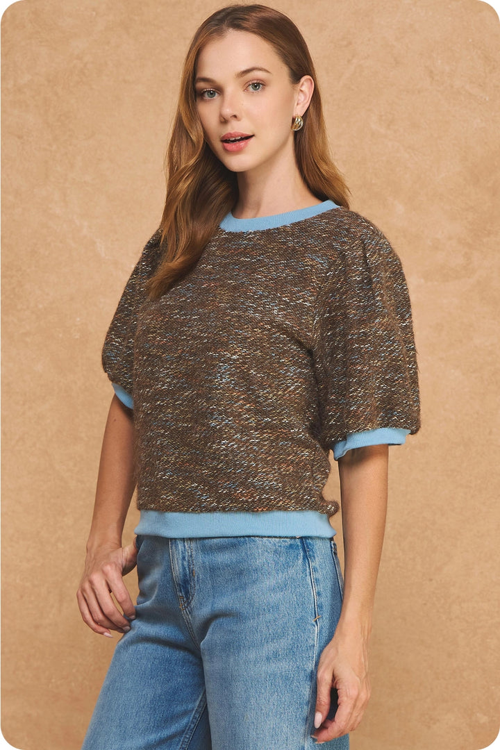 MARLED RIBBED CONTRAST SHORT PUFF SLEEVE SWEATER TOP