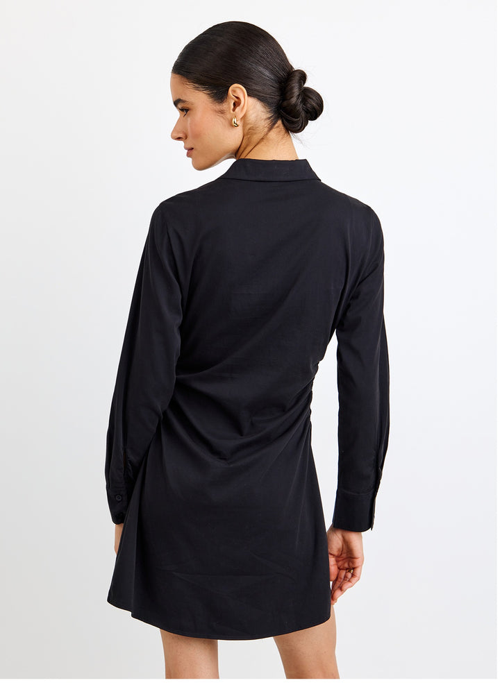 LONG SLEEVE SHIRRED SHIRT DRESS