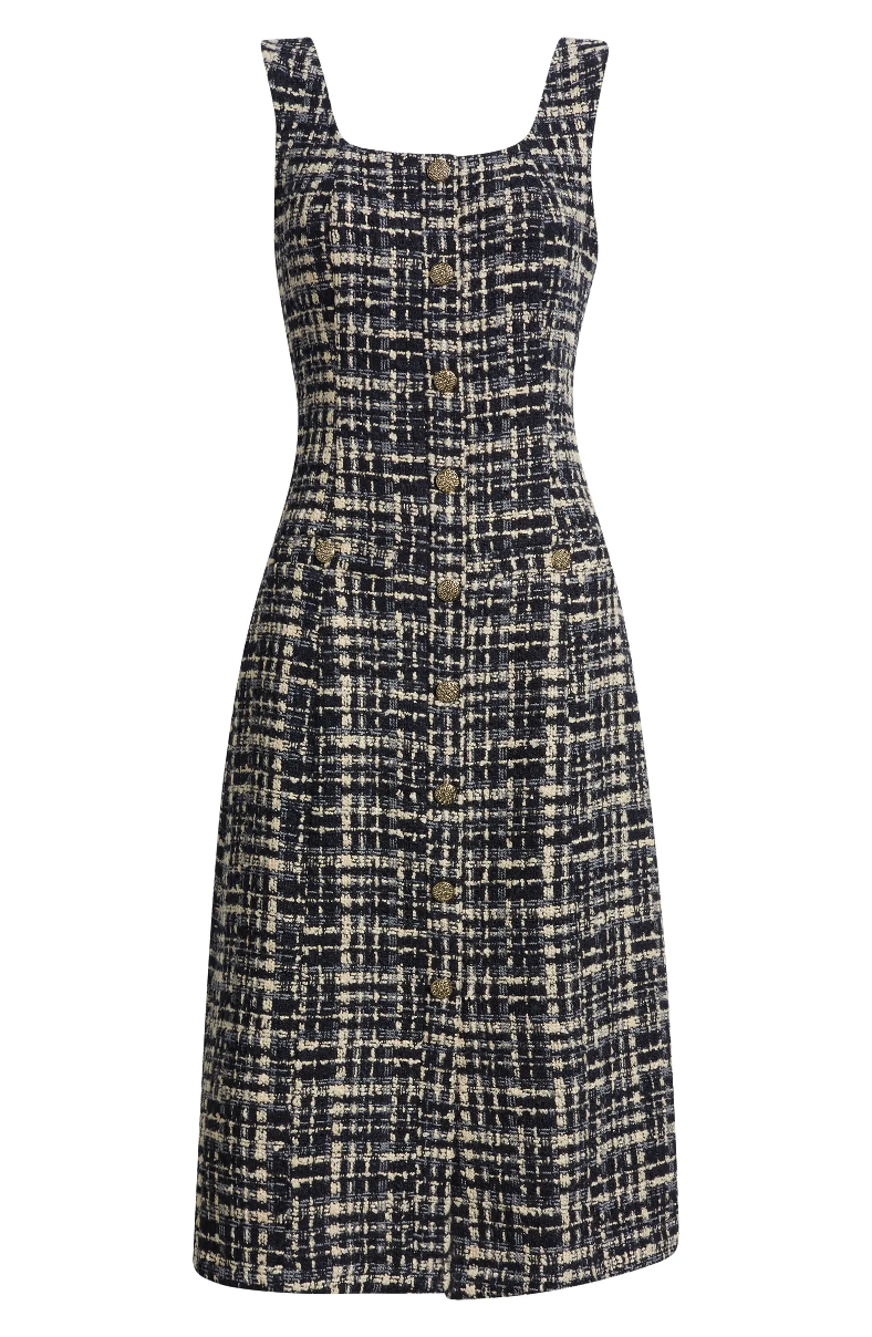 SLEEVELESS SQUARE NECK LINE TWEED MIDI DRESS