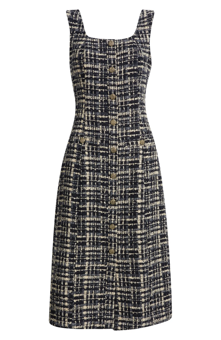 SLEEVELESS SQUARE NECK LINE TWEED MIDI DRESS