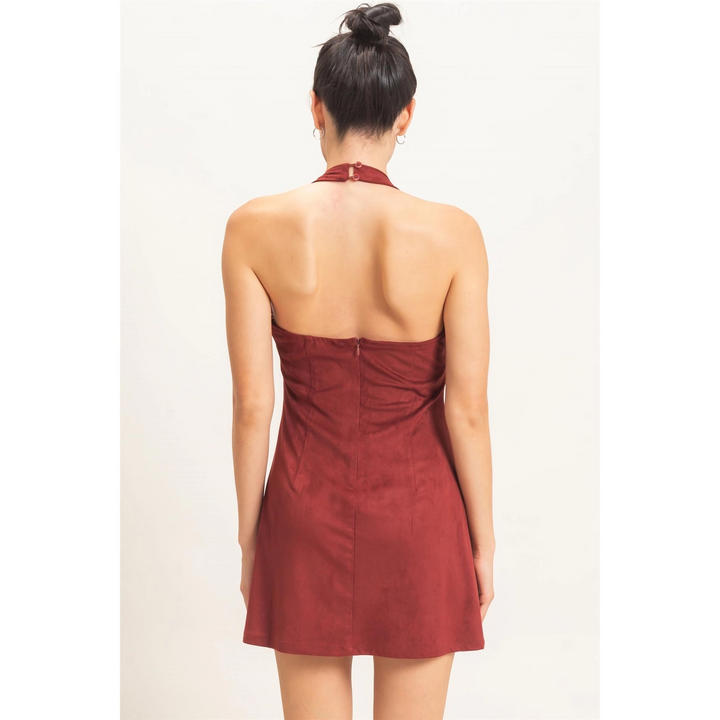 SUEDE V-NECK HALTER DRESS