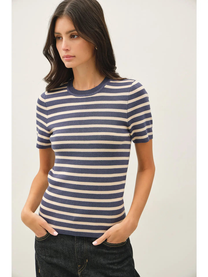 CLASSIC STRIPED CREWNECK SHORT SLEEVE SWEATER