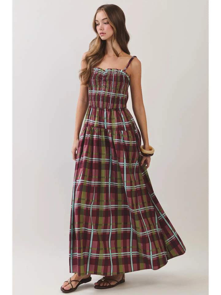 PLAID SMOCKED TIERED MAXI DRESS