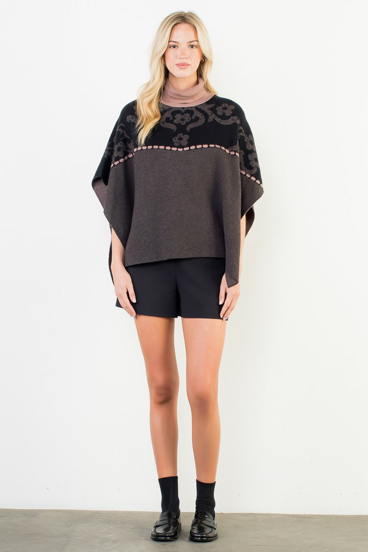 JACQUARD FLORAL KNIT PONCHO