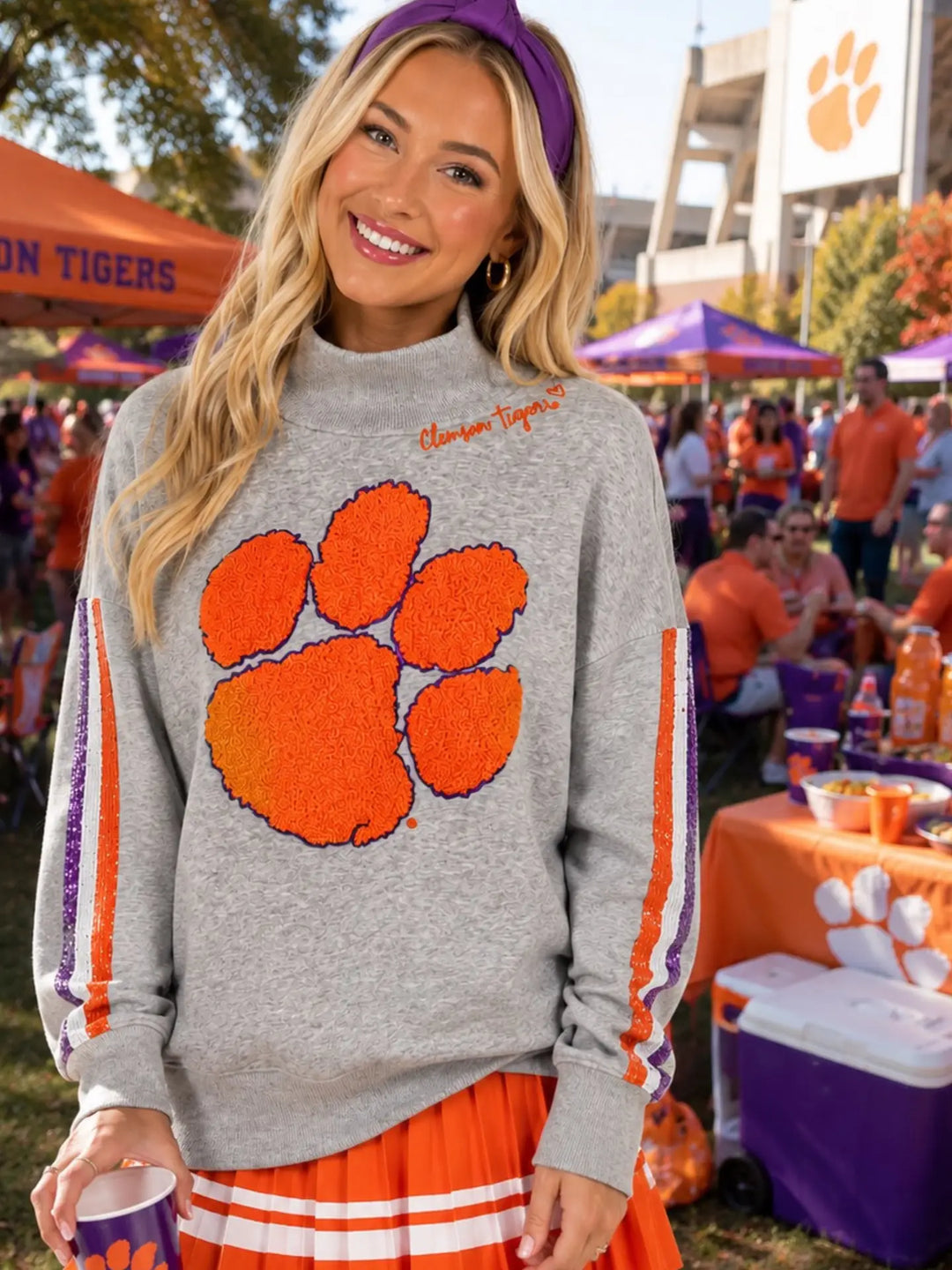 CLEMSON MOCK NECK SEQUIN STRIPE SWEATSHIRT