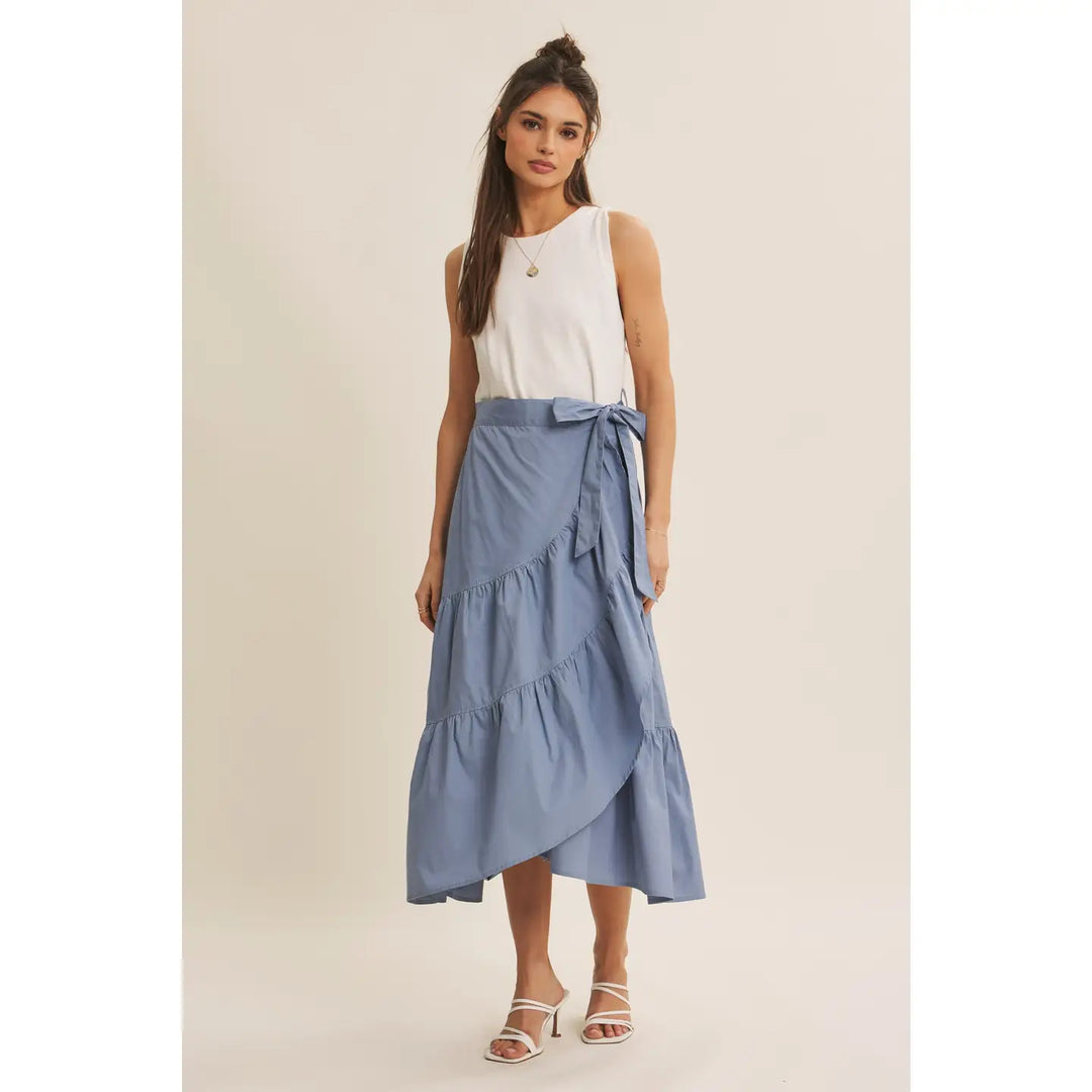 COASTAL BLUE TIERED WRAP TWOFER MIDI DRESS