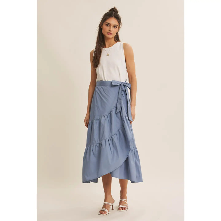 COASTAL BLUE TIERED WRAP TWOFER MIDI DRESS