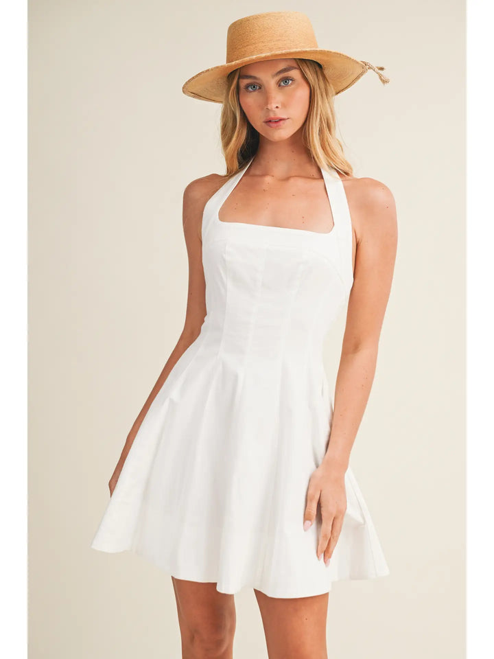 SQUARE NECK HALTER FLARE MINI DRESS