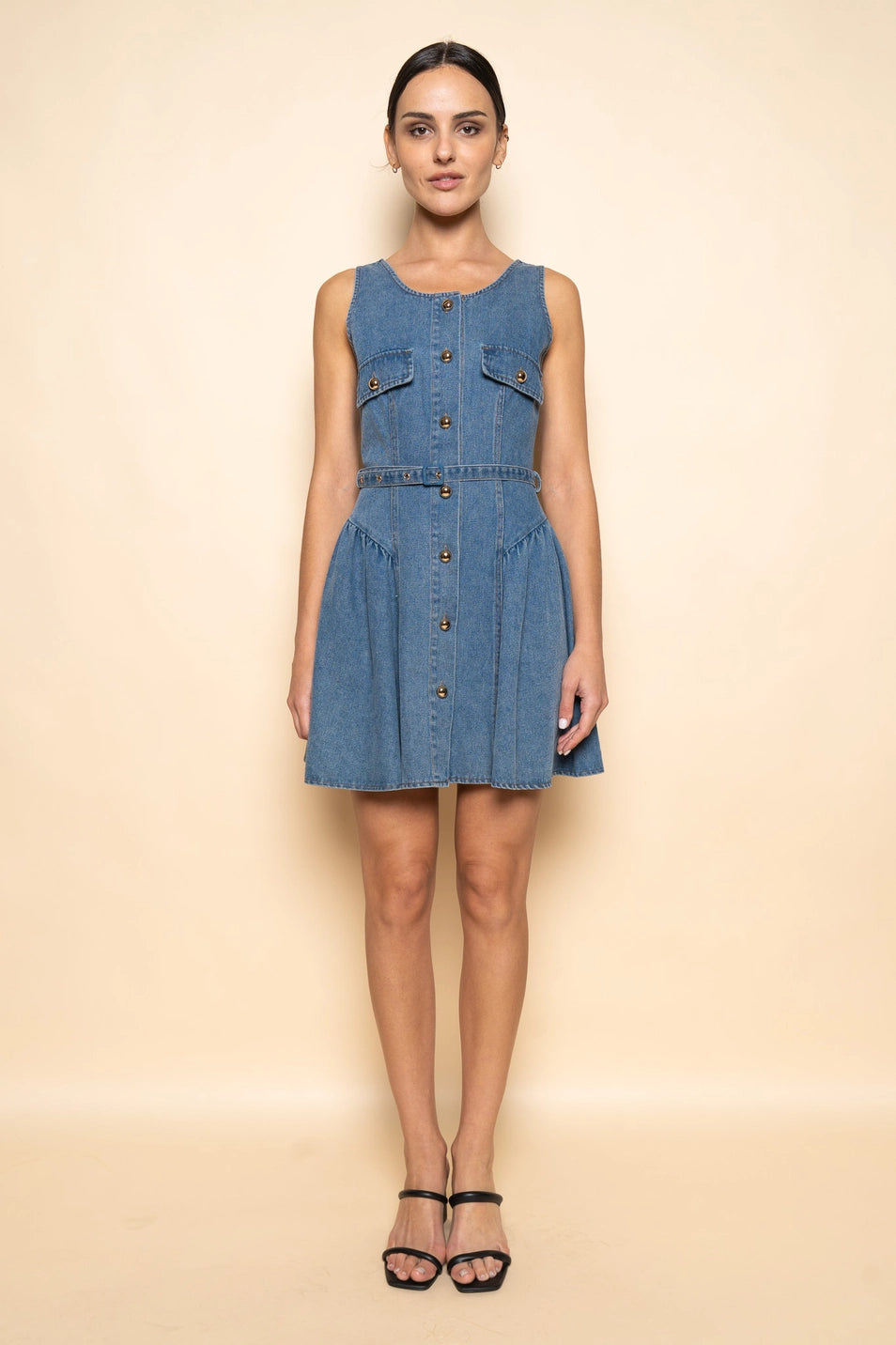 BELTED SIDES SHIRRING DENIM MINI DRESS