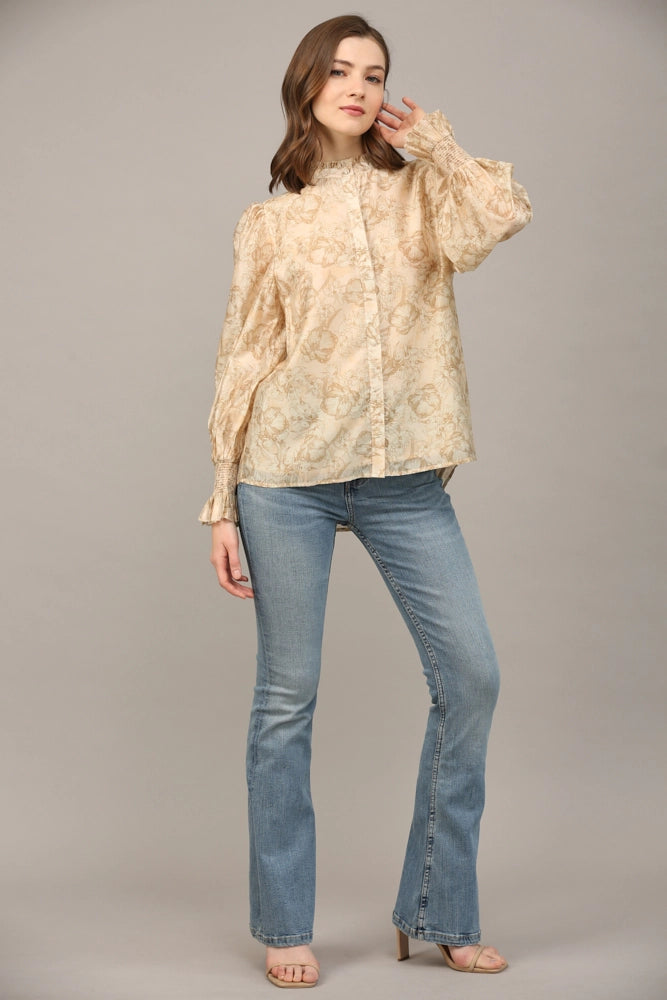 FLORAL PRINT RUFFLE NECK BLOUSE