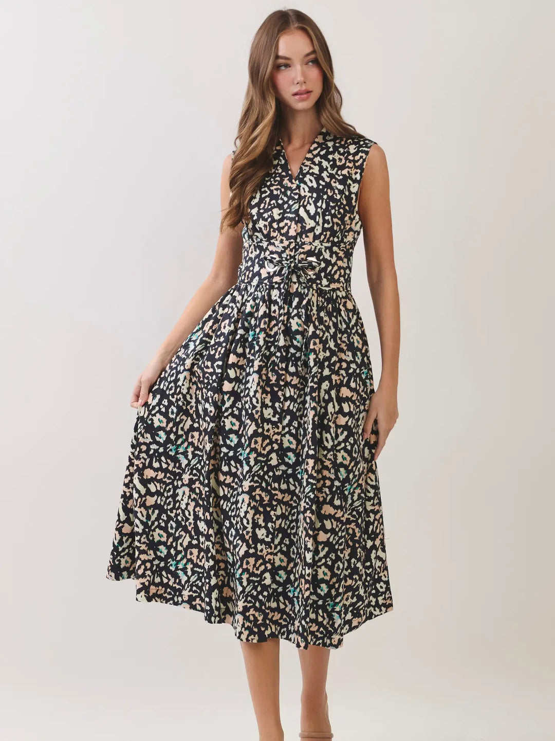 ANIMAL PRINT BELTED SNAP BUTTON CLOSURE MIDI DRESS