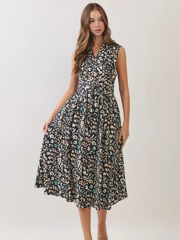 ANIMAL PRINT BELTED SNAP BUTTON CLOSURE MIDI DRESS