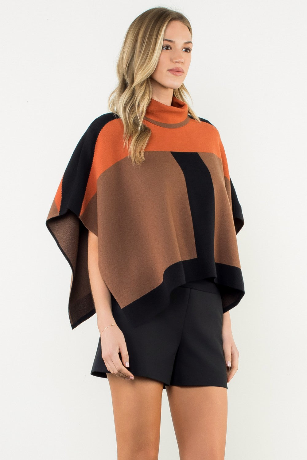 COLORBLOCK TURTLENECK KNIT PONCHO