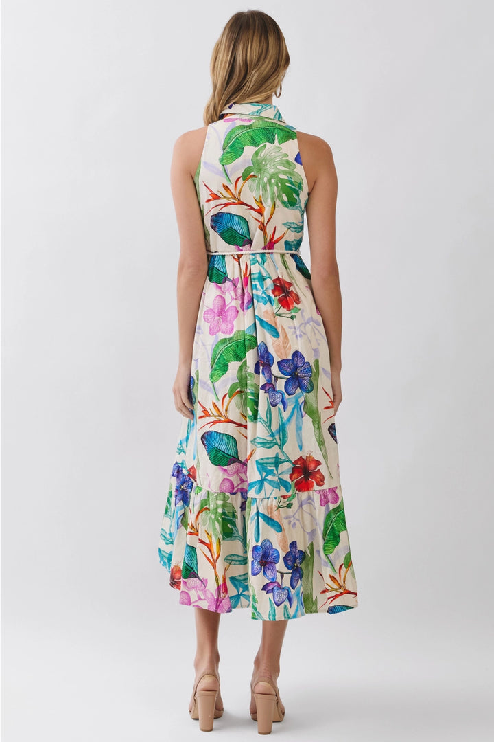 TROPICAL FLORAL SLEEVELESS BUTTON DOWN MIDI DRESS