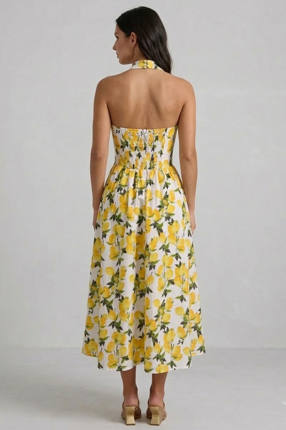 LEMON PRINT HALTER MIDI DRESS