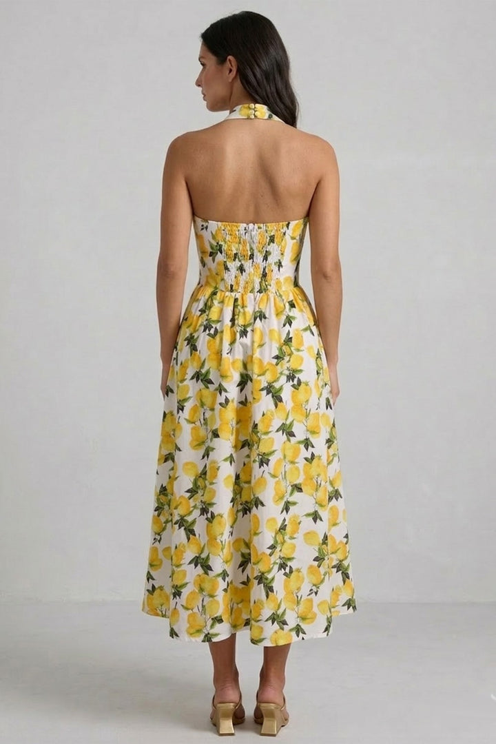 LEMON PRINT HALTER MIDI DRESS